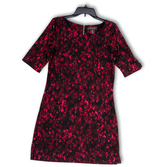 Womens Black Pink Floral Short Sleeve Round Neck Back Zip Shift Dress Sz 8 image number 1
