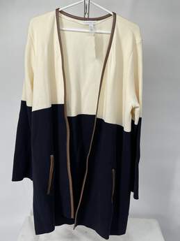 Womens Beige Blue Cotton Knit Open Front Cardigan Sweater Sz L T-0488838-W