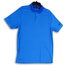 Mens Blue Striped Dri-Fit Short Sleeve Collared Golf Polo Shirt Size Medium