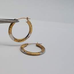 JCM Solid 14k Gold 2 Color Leaf Chiseled 3/4 Inch Hoop Earrings 9.1g