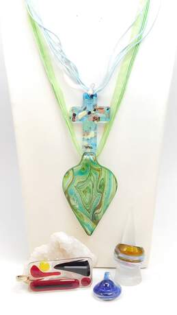 Artisan Goldtone & Silvertone Dichroic Art Glass Green & Blue Teardrop Cross & Abstract Pendants Ribbon Necklaces & Band Ring 85g