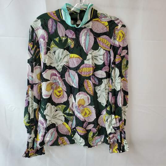 Size 4 Long Sleeve Green Blouse with White/Purple/Blue/Yellow Floral Pattern - Tags Attached image number 1