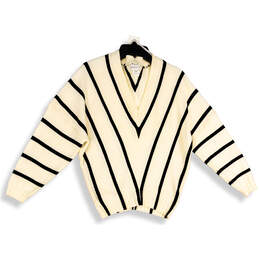 Womens Black White Chevron V-Neck Long Sleeve Pullover Sweater Size 8