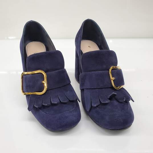 Prada Women's Blue Suede Fringe Trim Heeled Loafers Size 6.5 w/COA image number 1