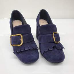 Prada Women's Blue Suede Fringe Trim Heeled Loafers Size 6.5 w/COA
