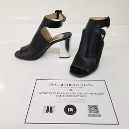 Prada Black Metallic Silver Leather Block Heels Women's Size 6.5