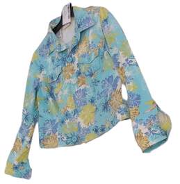 Womens Blue Yellow Floral Long Sleeve Collared Button Front Jean Jacket Size PM alternative image