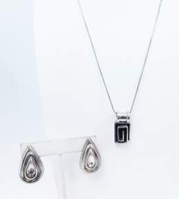 Taxco Mexico Artisan 925 Sterling Silver Modernist Square Cutout Pendant Necklace Tear Drop Stud Earrings 34.8g