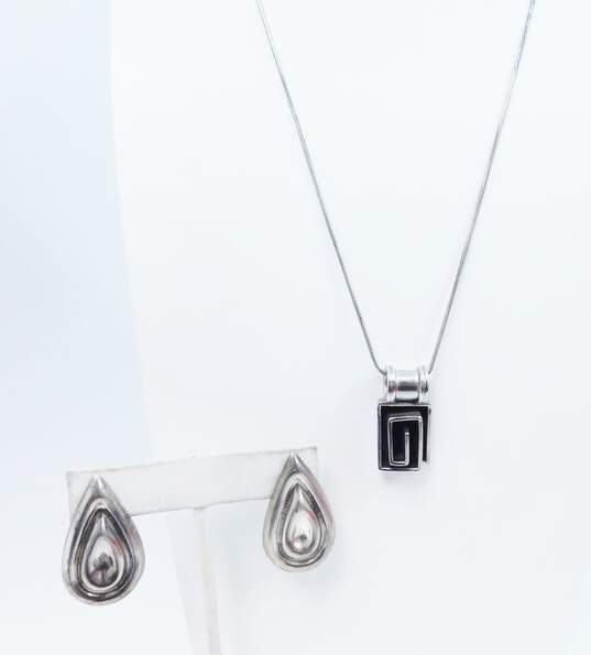Taxco Mexico Artisan 925 Sterling Silver Modernist Square Cutout Pendant Necklace Tear Drop Stud Earrings 34.8g image number 1