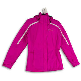 Womens Pink White Hooded Fur Long Sleeve Full-Zip Windbreaker Jacket Size S