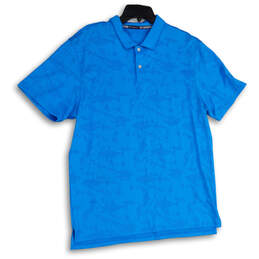 Mens Blue Abstract Short Sleeve Spread Collar Polo Shirt Size Large