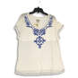NWT Womens White Blue Embroidered Short Sleeve Pullover Blouse Top Size 1X image number 1