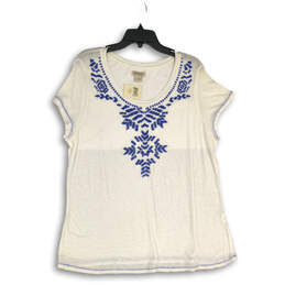 NWT Womens White Blue Embroidered Short Sleeve Pullover Blouse Top Size 1X
