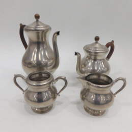 MCM Mid Century Royal Holland Pewter Wood Handle Teapot Coffee Pot Creamer Sugar