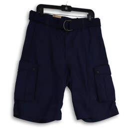 NWT Mens Navy Blue Flat Front Flap Pocket Belted Cargo Shorts Size 32