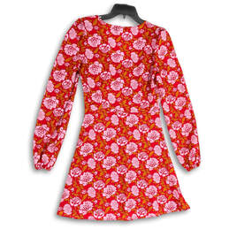 Womens Red Floral Long Balloon Sleeve V-Neck Short A-Line Dress Size 4 alternative image