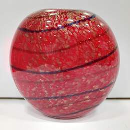 Vintage Heavy Glass Red & Gold Tone Swirled Shimmer Art Vase