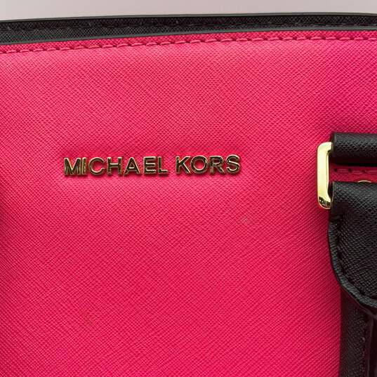 Michael Kors Womens Pink Black Leather Double Handle Satchel Bag Purse image number 6