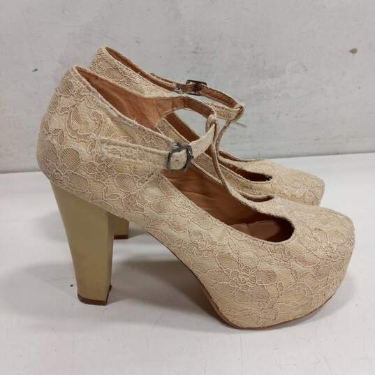 Beige Floral Lace Mary Jane T-Strappy Heels EU Size 38 image number 2