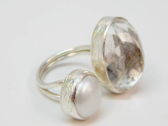 Signed Toosis 925 Faceted Clear Quartz & White Pearl Unique Statement Ring 9.9g image number 1