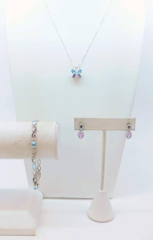 Whimsical 925 Sterling Silver Blue Topaz, Amethyst Cubic Zirconia Pendant Necklace Earrings & Bracelet 13.8g image number 1