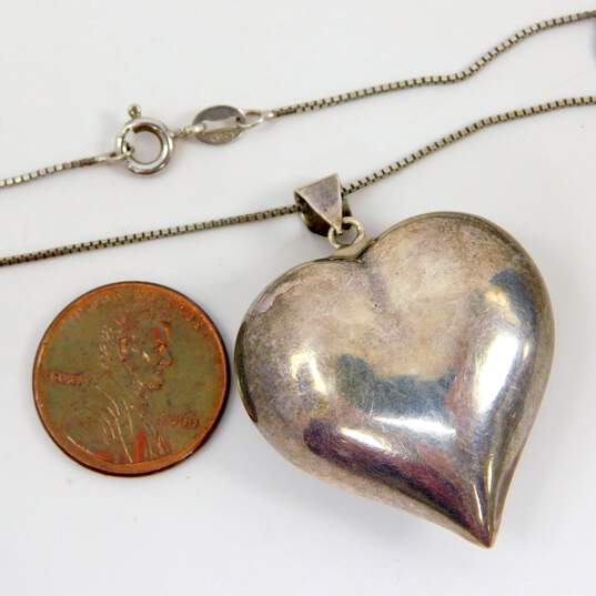 Romantic Artisan 925 Puffed Heart Chunky Pendant Necklace & Oval Cable Chain Open Heart Toggle Bracelet 27.1g image number 4