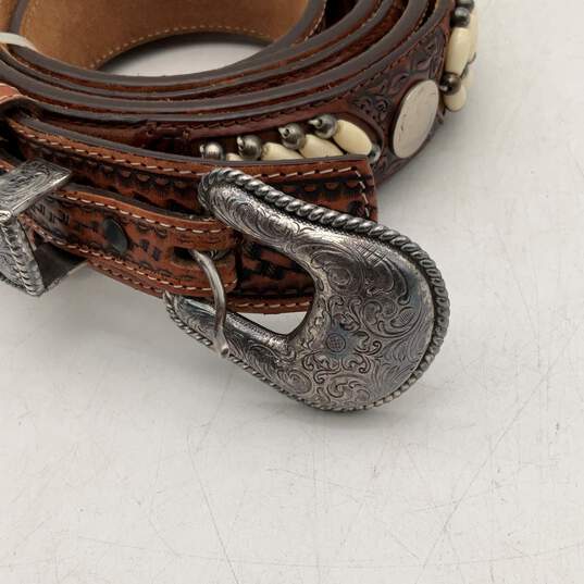 Pair Of 2 Womens Brown Leather Beaded Adjustable Waist Belt With Silver Buckle image number 6