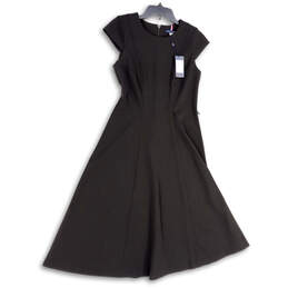 NWT Womens Black Short Cap Sleeve Back Zip Round Neck A-Line Dress Size 8