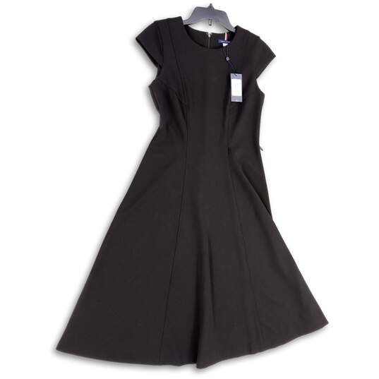 NWT Womens Black Short Cap Sleeve Back Zip Round Neck A-Line Dress Size 8 image number 1