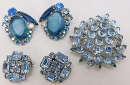 VNTG Weiss Icy Blue Rhinestones Teardrop Brooch w/Cluster Clip On Earrings