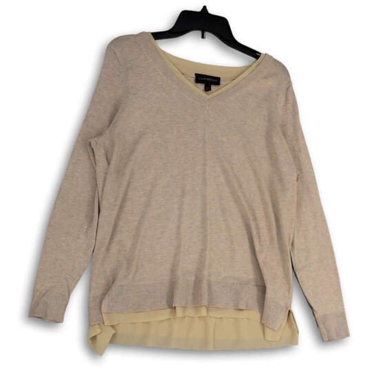 Womens Tan Knitted V-Neck Side Slit Long Sleeve Pullover Sweater Size 14/16 image number 1