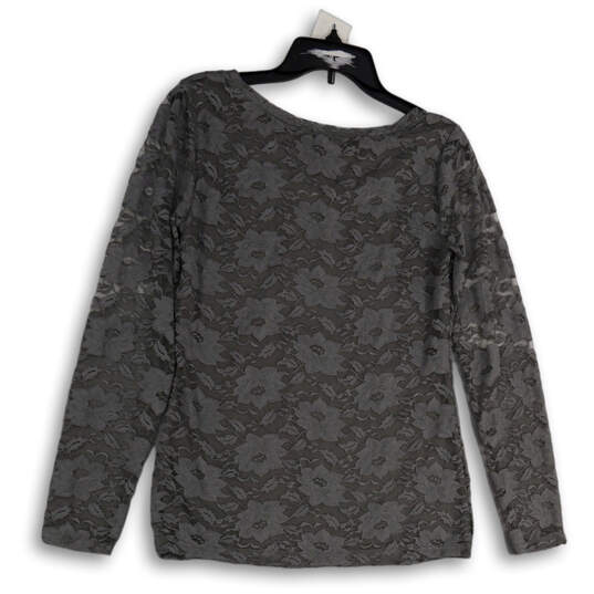 Womens Gray Floral Lace Round Neck Long Sleeve Pullover Blouse Top Size M image number 2