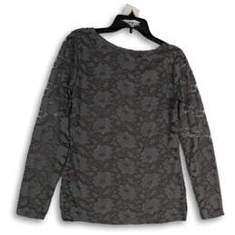 Womens Gray Floral Lace Round Neck Long Sleeve Pullover Blouse Top Size M alternative image