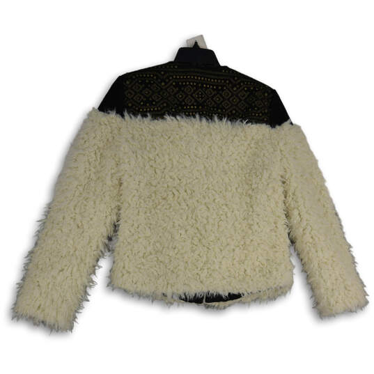 Womens White Black Faux Fur Embellished Long Sleeve Jacket Size Medium image number 2