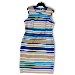 Womens Blue Gray Striped Sleeveless Round Neck Back Zip Sheath Dress Sz 14