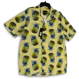 NWT Mens Yellow Blue Pineapple Print Short Sleeve Button-Up Shirt Size L