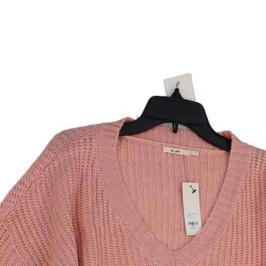 NWT Womens Pink Knitted Long Sleeve V-Neck Cropped Pullover Sweater Size L image number 3