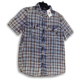 NWT Mens Blue Brown Plaid Short Sleeve Pockets Button-Up Shirt Size Small