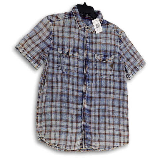 NWT Mens Blue Brown Plaid Short Sleeve Pockets Button-Up Shirt Size Small image number 1