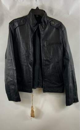 William Rast Mens Black Leather Long Sleeve Collared Biker Jacket Size Medium