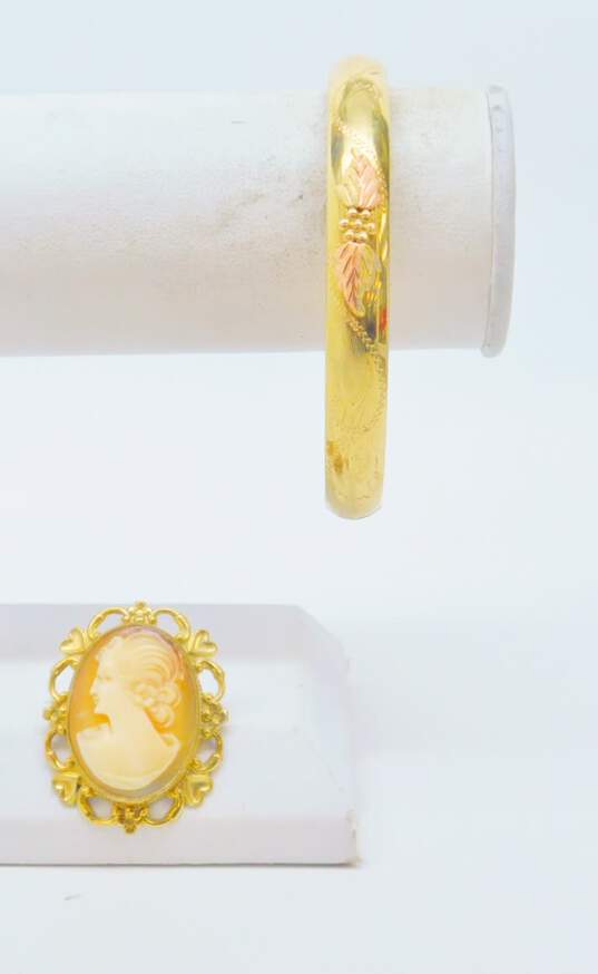 Vintage Gold Filled Carved Cameo Brooch & Grapevine Hinged Bangle 16.5g image number 1