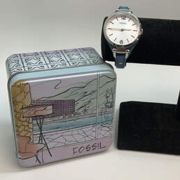 Designer Fossil ES-3297 Silver-Tone Leather Strap Analog Wristwatch W/ Box