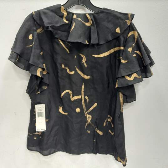 Lauren Ralph Lauren Women's Black Silk Ruffled Neck Layered Sleeve Button Up Blouse Size 12 NWT image number 2