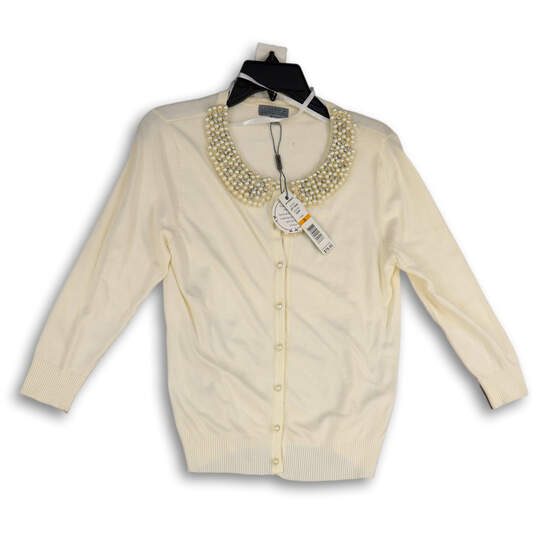NWT Womens Tan Rhinestone Neck Button Front Cardigan Sweater Size Small image number 1