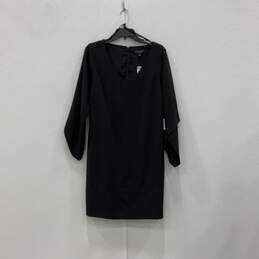 NWT Womens Black V-Neck Long Sleeve Back Zip Classic Shift Dress Size 10