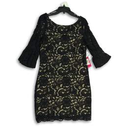 NWT Womens Black Lace Round Neck Bell Sleeve Back Zip Shift Dress Size 12