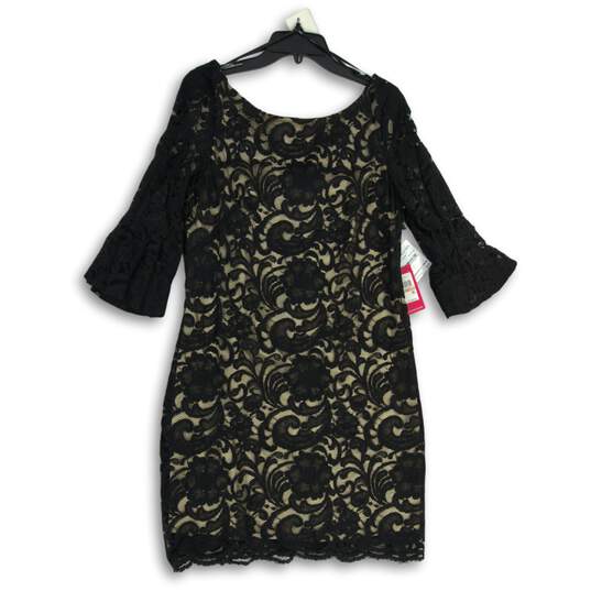 NWT Womens Black Lace Round Neck Bell Sleeve Back Zip Shift Dress Size 12 image number 1