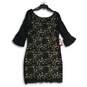 NWT Womens Black Lace Round Neck Bell Sleeve Back Zip Shift Dress Size 12 image number 1