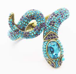 Heidi Daus Goldtone Icy Blue & Purple Rhinestones Mystical Serpent Snake Hinged Clamper Bangle Statement Bracelet 86g