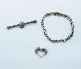 Romantic Judith Jack 925 Sterling Silver Marcasite Huggie Demi Hoop Earrings Bar Brooch & Faux Pearl Bracelet 33.5g